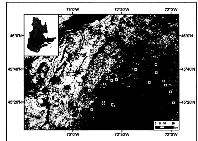Figure 1. Distribution des 40 fermes utilisées pour étudier les effets des pratiques agricoles sur la  communauté de diptères schizophores selon la composition du paysage