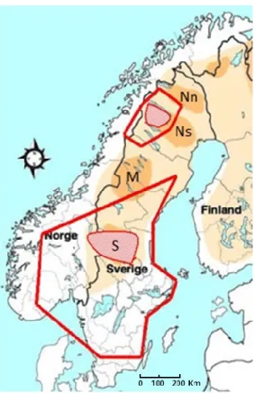 Figure 1.3 Distribution de l'ours brun en Scandinavie : Norvège (Norge), Suède (Sverige) et  Finlande (Finland) et aires d'études du SBBRP