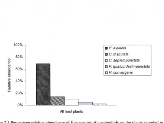 Figure 2.1  Percentage relative  abundance  of five species  of cocci nell ids on the plants  sam pied in 2009 
