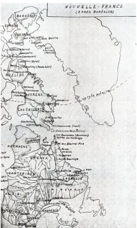 Figure 3. Carte accompagnant l’édition du roman Erres boréales,  illustrant l’établissement de villes vers le Nord, aux noms français 