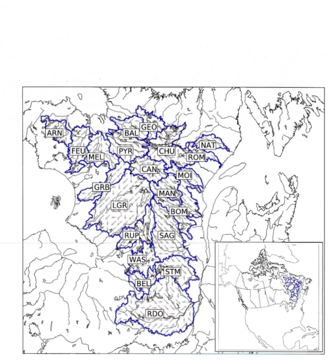 Fig. 2.1:  Twenty-one watersheds, with  the digital  river flow  directions  at CRCM grid  cell  scale