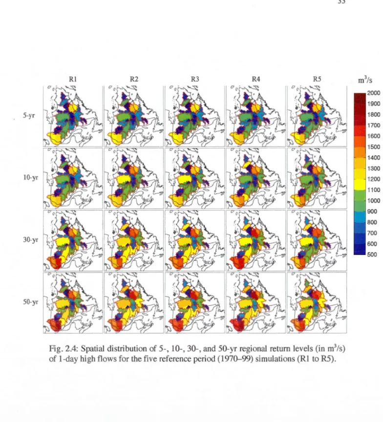 Fig. 2.4:  Spatial  distribution of 5-,  10-, 30-, and  50-yr regional  return  levels (in  m 3 /s)  of 1-day high flows for the five reference period  (1970-99) simulations (R1  to R5)