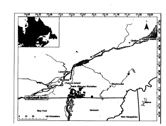 Figure  1  Map  of  the  study  area  in  southern  Quebec,  Canada,  showing  the  location  of  the  documented  cases  of  the  raccoon  rabies  variant  (RRV)  by  the  enhanced  provincial  surveillance program and the  Canadian Food  Inspection Agenc