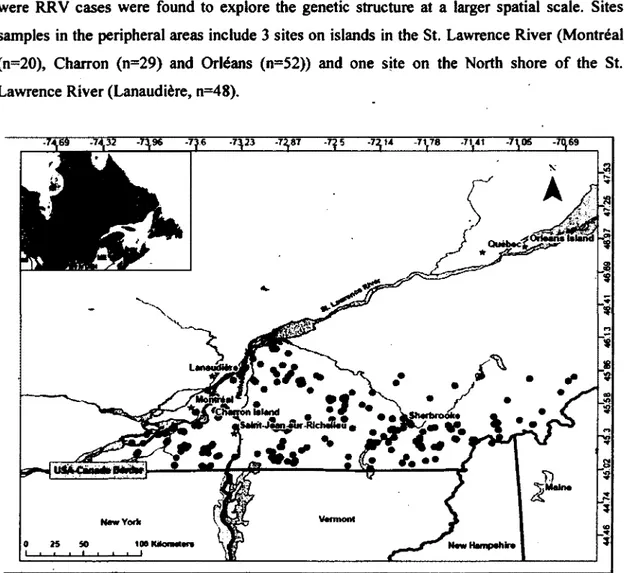 Figure  2:  Location  of  the  samples  obtained  from  the  raccoon  rabies  variant  (RRV)  monitoring  area  in  southern  Quebec,  Canada
