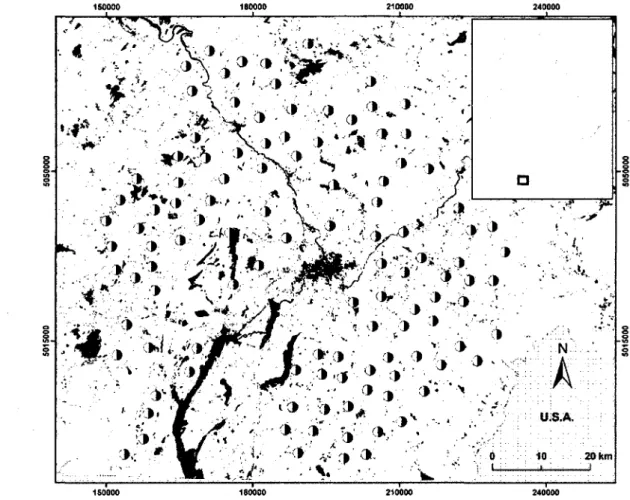 FIG. 1. Distribution of the 112 sites surveyed for owls in 2007-2008 in southern Quebec, Canada