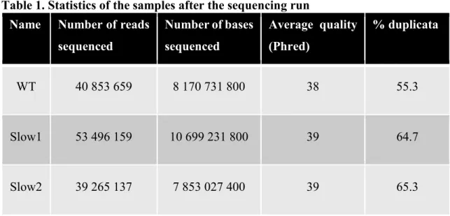 Table 1. Statistics of the samples after the sequencing run  Name  Number of reads 