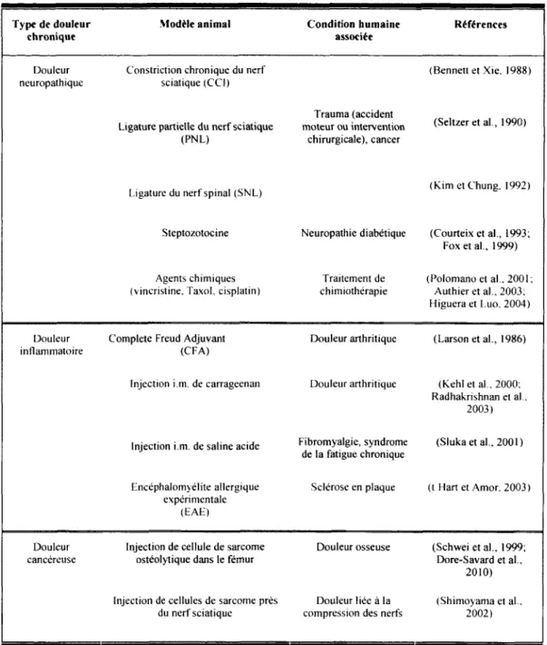 Tableau  1  :  Modèles animaux utilisés dans l’étude de la douleur chronique