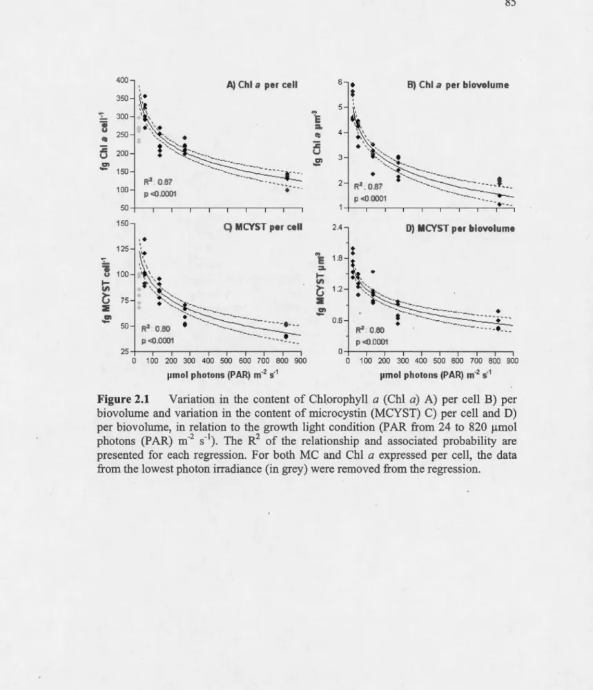 Figure 2.1  Variation  in  the  content  of Chl_orophyll  a  (Chl  a)  A)  per  cell  B)  per  biovolume  and  variation  in  the  content  of microcystin (MCYST)  C)  per  cell  and  D)  per  biovolume,  in  relation  to  the  growth  light  condition  (P