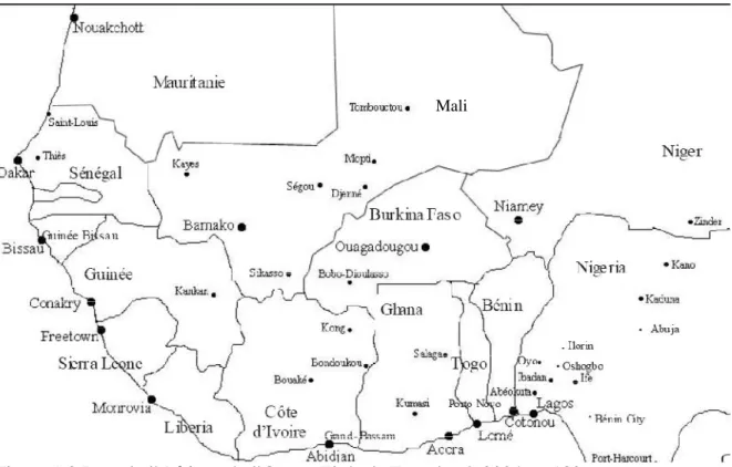 Figure 1.2 Pays de l’Afrique de l’Ouest. Tirée de Fourchard, 2004, p. 132  
