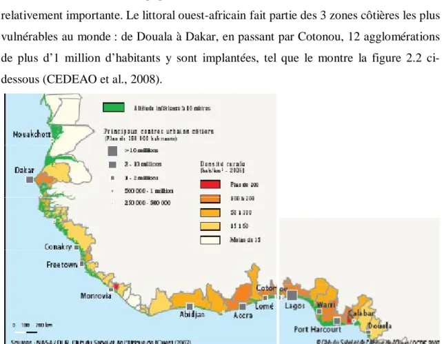 Figure 2.2 Principaux centres urbains et zones urbaines vulnérables en Afrique de  l’Ouest