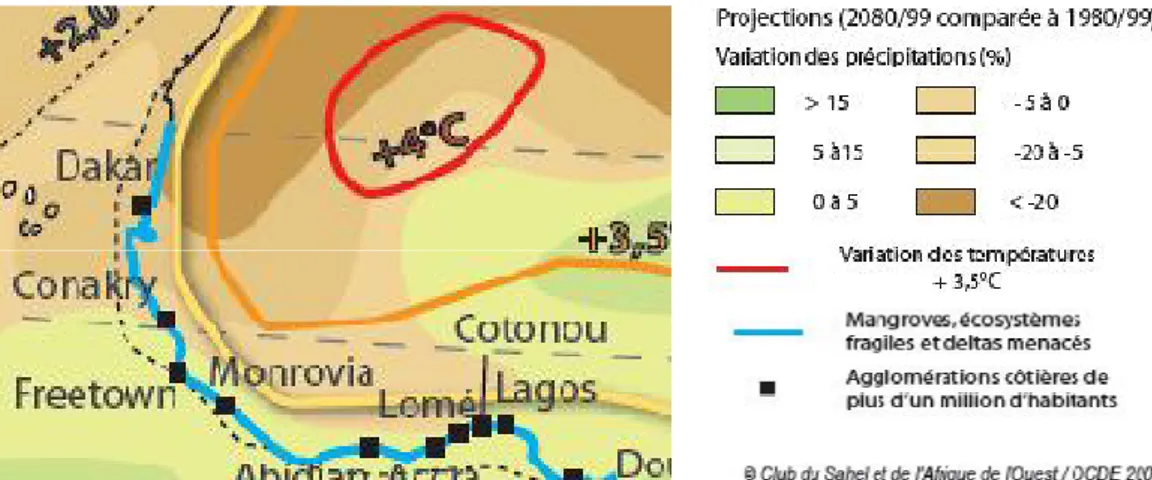 Figure  2.4  Image  potentielle  de  l’évolution  climatique  de  l’Afrique  de  l’Ouest  entre  1980/99 et 2080/99