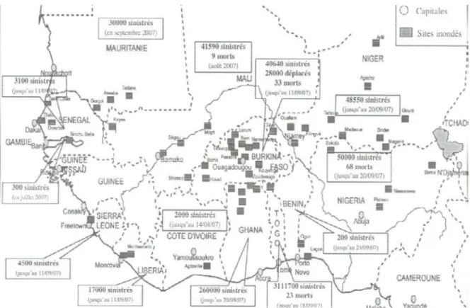 Figure 2.5 Inondations en Afrique de l’Ouest : Bilan jusqu’au 24 septembre 2007. Tirée  de Dasylva, 2009, p.244 