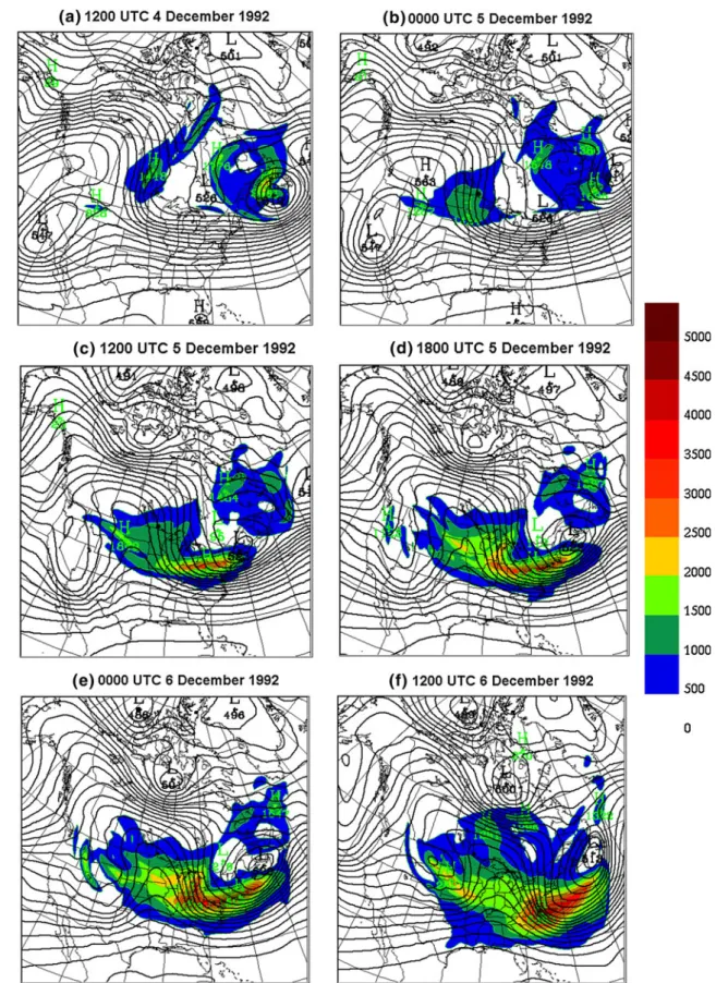 Fig. 3 500 hPa geopotential field (in dam) for the reference simu- simu-lation and the average CRCM-perturbation total energy (in kJ/m 2 ) integrated between 100 hPa and surface