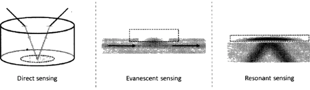 Fig. 1.1 - L'image ci-dessus présente trois différentes façons d'effectuer une mesure optique d'une interaction  surfacique
