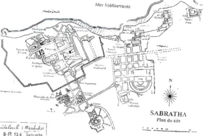 Figure 1.1  Représentation cartographiques de Sabratha  SABRATHA  - : : - - / ; ,/! ­ ---;;  ; J ,.~,L&lt;  ,.'â  :  !!./:.'~.!:  '1'  ::  ';'  100  PJan  011  sjte  ,  B·P