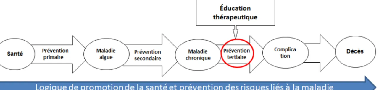 Figure 2 :  Comment l’ETP s’inscrit dans la logique de promotion de la santé et de  prévention de la maladie? (inspirée des travaux de Goulliart, 2016)  
