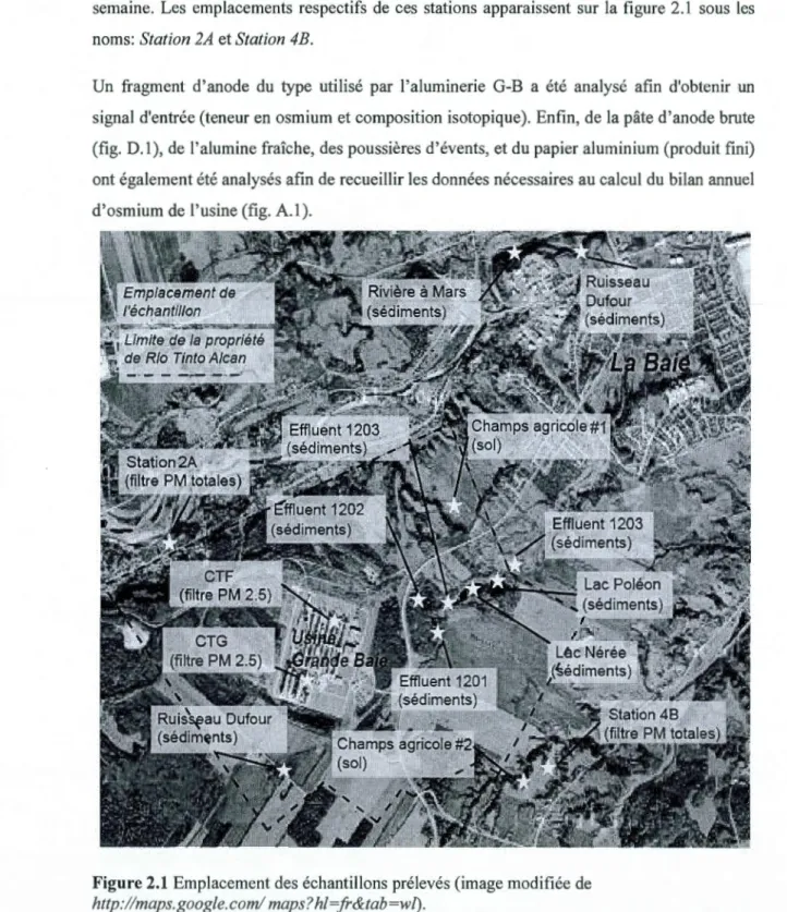 Figure 2.1  Emplacement des échantillons prélevés (image modifiée de  http://maps.gaogle