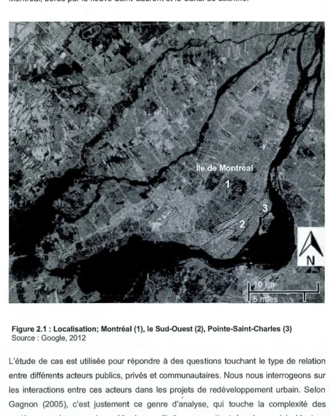 Figure 2.1  :Localisation; Montréal (1),  le  Sud-Ouest (2),  Pointe-Saint-Charles  (3)  Source : Google, 2012 