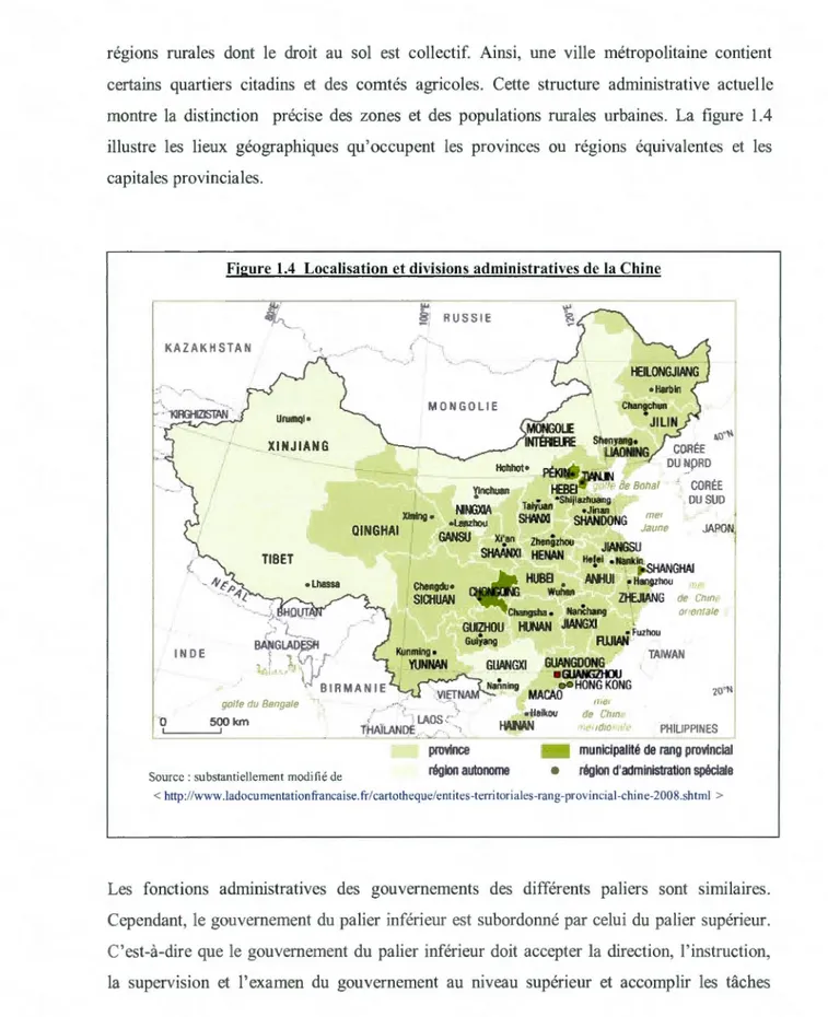 Figure 1.4  Localisation et divisions administratives de  la Chine 