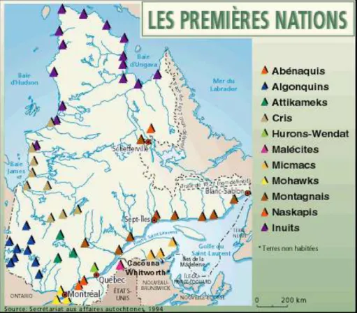 Figure 1.2 Premières Nations du Québec (Source : tiré du SAA, 1994). 