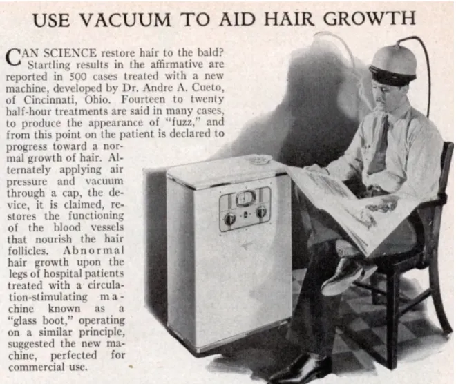 Figure 2 : Dr Andre A. Cueto, Use vacuum to aid hair growth, article de magazine publié dans le  Popular Science, nov