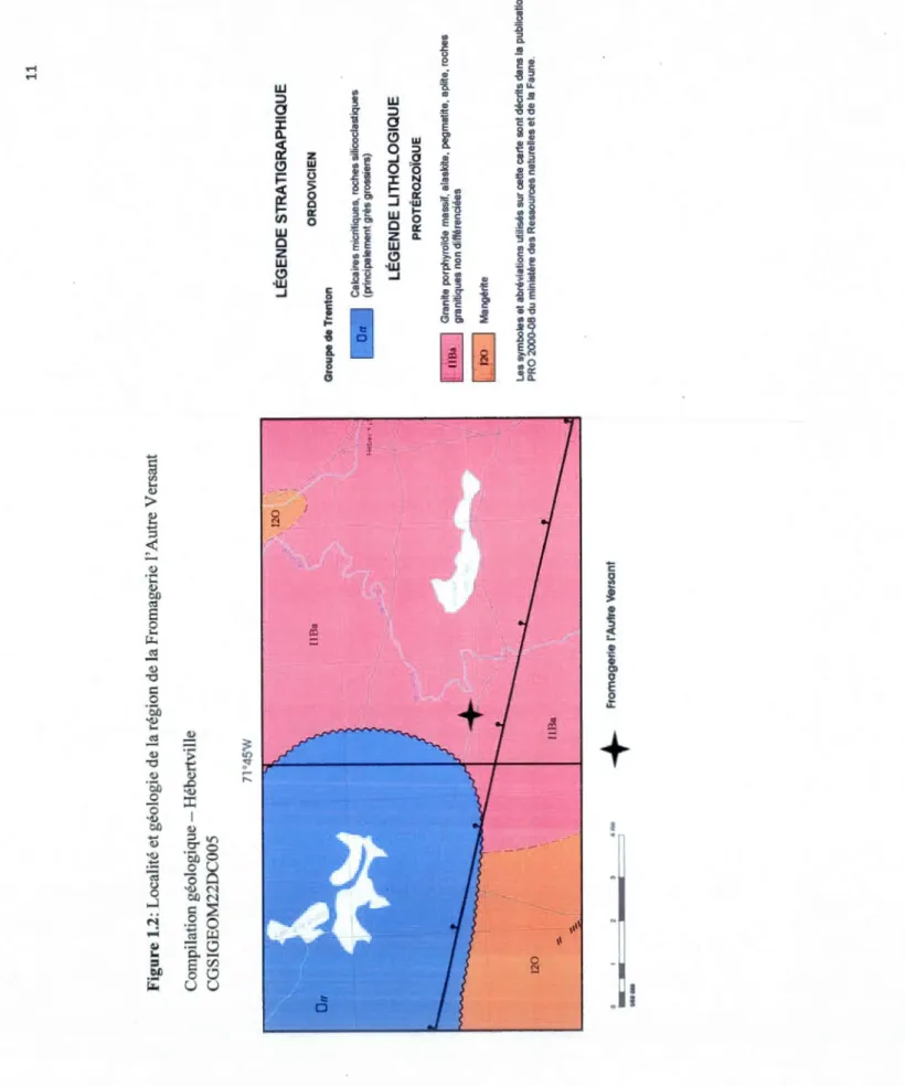 Figure 1.2: Localité et géologie de la région de la Fromagerie 1 'Autre Versant  Compilation géologique-Hébertville  CGSIGEOM22DC005  71°45'W  + 