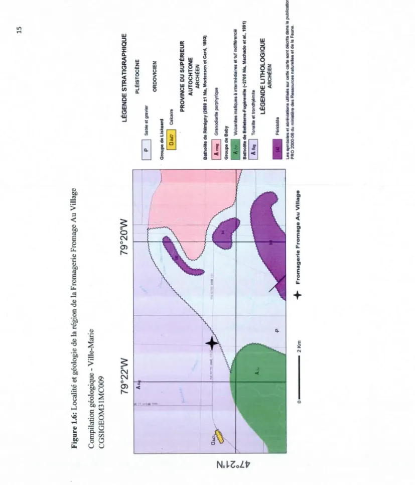 Figure 1.6: Localité et géologie de la région de la Fromagerie Fromage Au Village  Compilation géologique -Ville-Marie  CGSIGEOM31MC009  0::'3-?  r.../ 