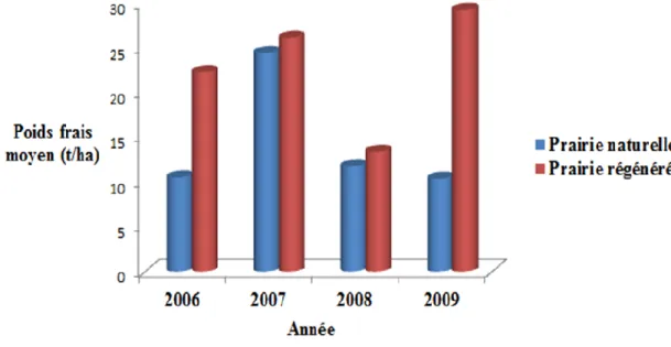 Figure 33 : Rendements en poids frais en (t/ha) des deux prairies au stade de fauche  
