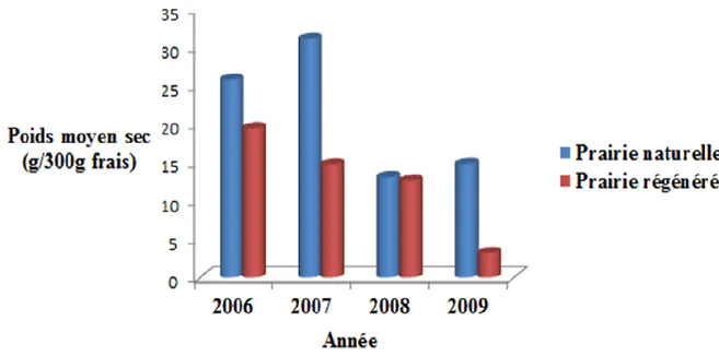 Figure 36 : Evolution de la composition floristique (famille des légumineuses) dans les  deux prairies (naturelle et régénérée) de 2006-2009 au stade pâturage 