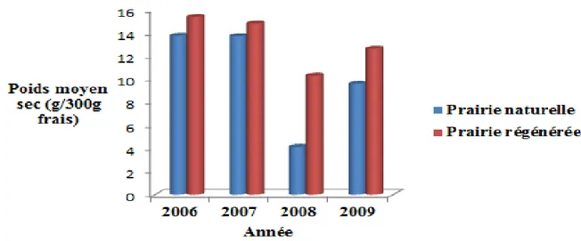 Tableau 30: évolution de la biomasse fraiche et sèche  des différents cultivars de  graminées de 2006-2009 au stade fauche 