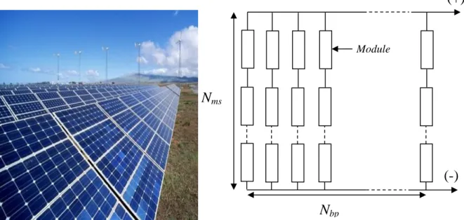 Figure  1. 9 : Sous-station photovoltaïque formée d’un groupement de N ms  modules série et de  N bp  branches parallèles