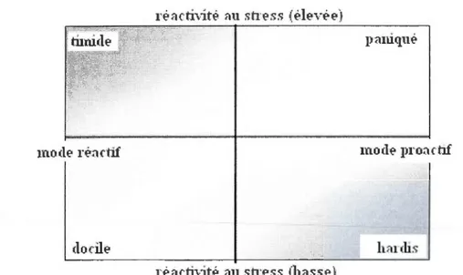 Figure 1.1 . Modèle tiré de  Koolhaas  et al.  (201 0) affichant  les  modes d 'acco mm odations  (axe  hori zintal)  et  de  réactivité  au  stress  (axe  verticale)  sur  deux  dimensions  indépendantes