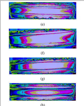 Figure  IV.1:  Modèles  des  franges  isochromatiques  obtenues  par  camera  CCD  (polariseur  et  analyseur  croisés)  des  échantillons  recuits  pendant  4  heures  à  T=120°C  et  trempés  à:  (a)  T=  0°C  ;  (b)  T=20°C; (c) T= 40°C ; (d) T= 60°C