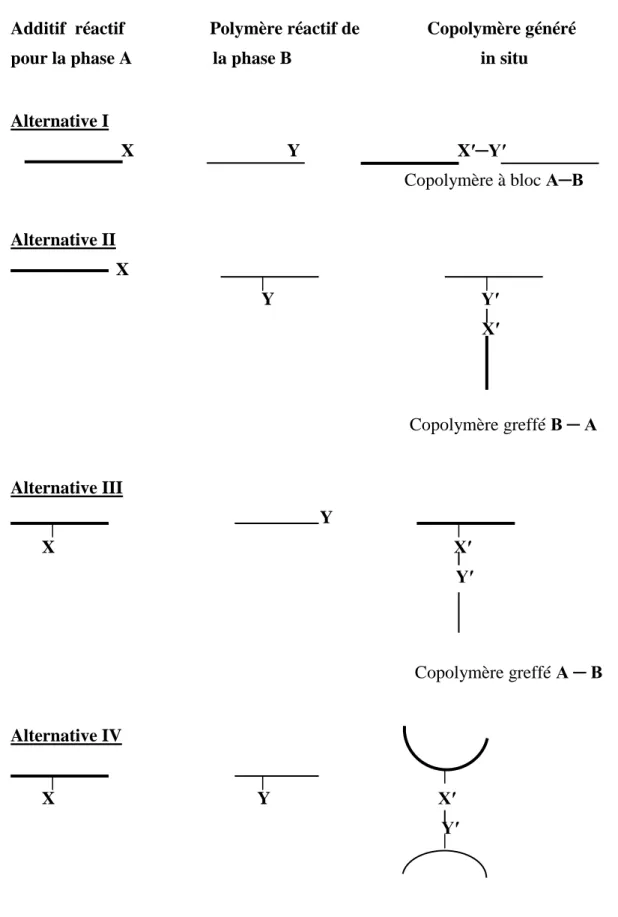 Figure  I-3:  Types  de  copolymères  formés  lors  de  l’extrusion  réactive  des  polymères  fonctionnels [9].