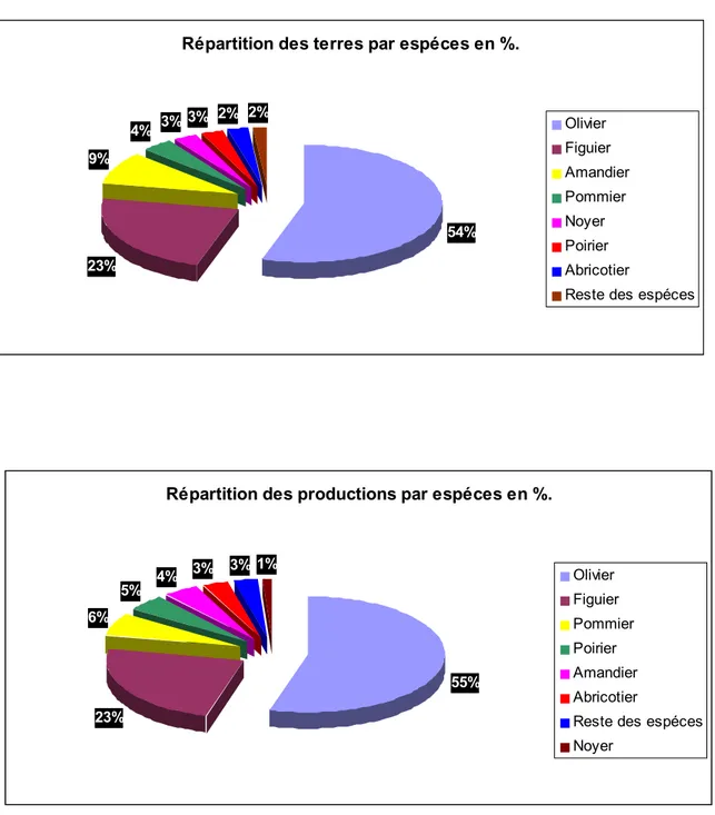 Figure 5 : Superficies et productions des différentes espèces fruitières   de la région d’étude