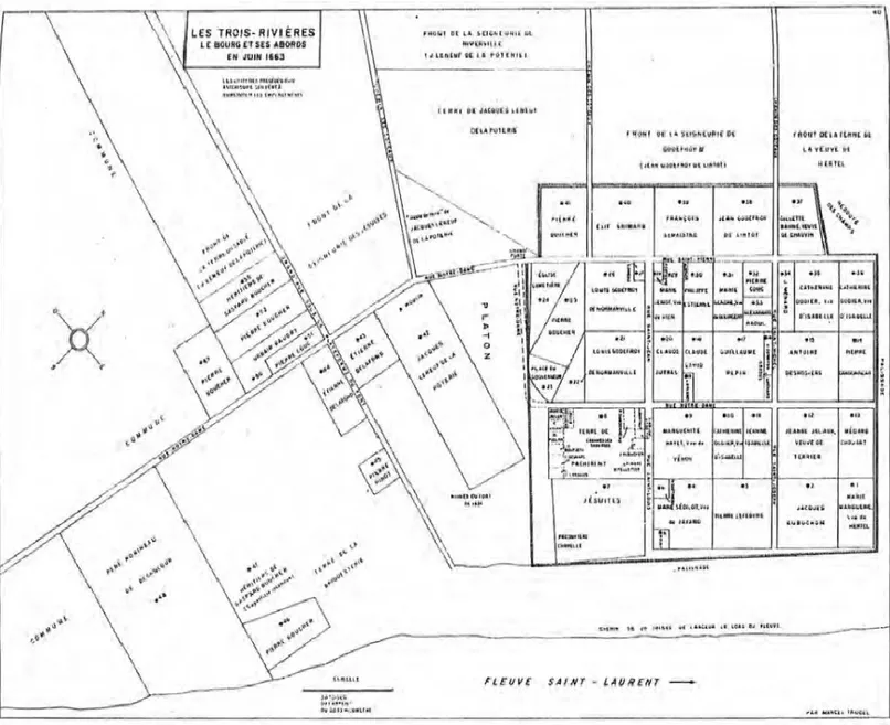 Figure A.15 : Représentation du bourg de Trois-Rivières et ses abords en 1663. 