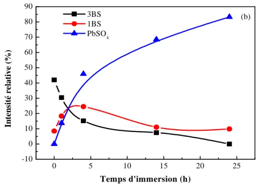 Figure III-3 : Evolution de la composition de la masse non formée après immersion  dans : a) H 2 SO 4  1.05 et, b) H 2 SO 4  1.20 g.cm -3  (analyse R-X)