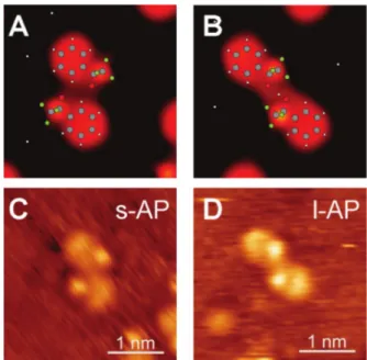 Figure 0.14 – Simulations Tersoff-Hamann des structures les plus stables calculées par DFT pour des dimères (A) TFAP/TFAP et (B) TFAP/hy-TFAP