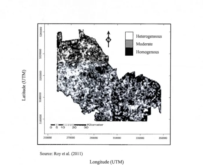 Figure  2.4.  Map  of  the  landscape  spatial  heterogeneity  (SH)  index  applied  in  a  circu lar  win  dow  of 100  ha  in  the  forest  management  units  73-51  and  73 -52  in  Québec