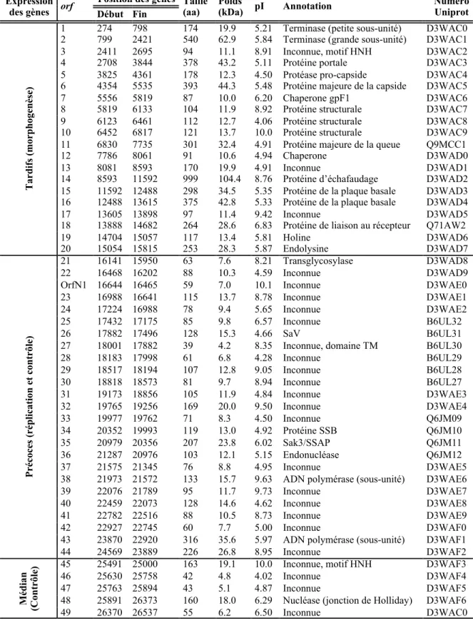 Tableau 2. Information sur le génome et sur le protéome du phage p2  Expression 