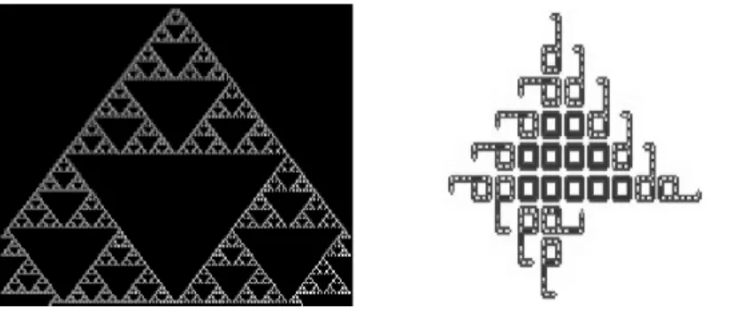 Figure 2.2  Exemples d'automates cellulaires à une dimension. a) Triangle de Sierpinski b)Boucles de Langton