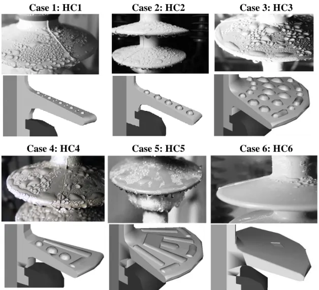 Figure 3.8 Photographs of water droplets on the insulator surface, and  the  corresponding droplet models used in the numerical simulations [157] 