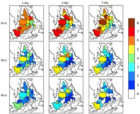 Figure 11. Number of AOGCM/RCM simulation pairs (out of eight) that predict a significant change (at 5% level) for 10-, 30- and 50-yr regional return levels of 1-, 3- and 7-day precipitation extremes.