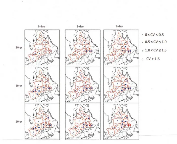 Figure  10:  Coefficient ofv ariation ofprojected  changes to  10-, 30- and  50-yr regional  retum levels of 1-, 3- and  7-day  precipitation  extremes  based  on  the  multi-RCM  ensemble