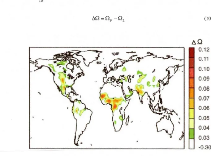 Fig.  1.7  Force  du  couplage  sol-atmosphère  indiquée  par  la  différence  des  paramètres  de  cohérence  (ô Q)  entre une simulation où la quantité d'eau dans  le sol est forcée  (QF )  et une  ou elle évolue  librement  (QL )  pendant  l'été  boréal