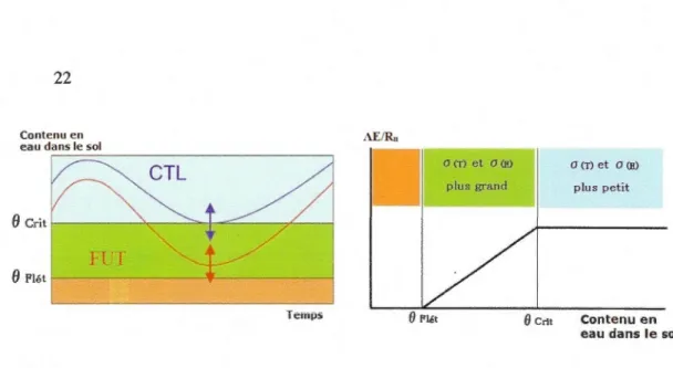 Fig.  1.9  Cycle  annuel  hypothétique  de  l'humidité  du  sol pour  une  période  de  contrôle  (CTL)  et  une  période  future  (FUT)  (à  gauche)