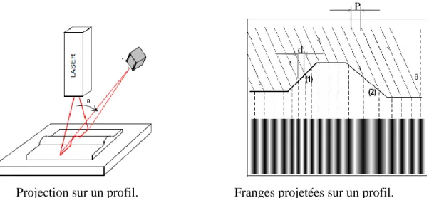 Fig. III. 1. Angle de projection et interfrange .sur une surface courbe. 