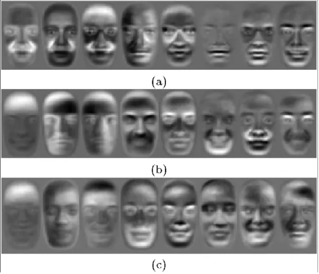 Figure  3.5  comparaison  entre  les  faces  propres  duales  et  les  faces  propres standard: (a)  intra personnelles, (b) inter personnelles et (c) standard ([Moghaddam et Pentland 1997])