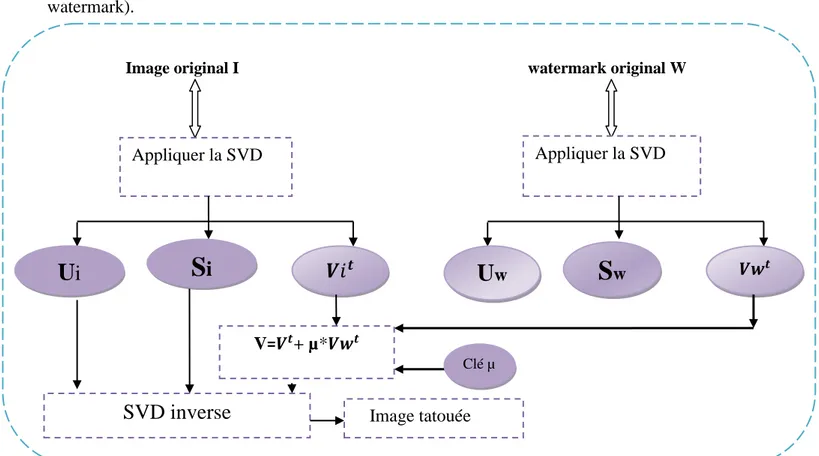 Figure 3.1 : Algorithme d’insertion du watermark dans la matrice V