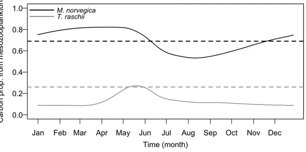 Figure I.7 Proportion of body carbon derived from mesozooplankton for simulated individuals of M